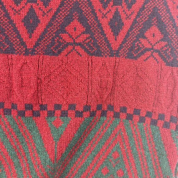 1990s geometric Arslanli wool vest, size L vintage burgundy/green sweater vest - Picture 2 of 8